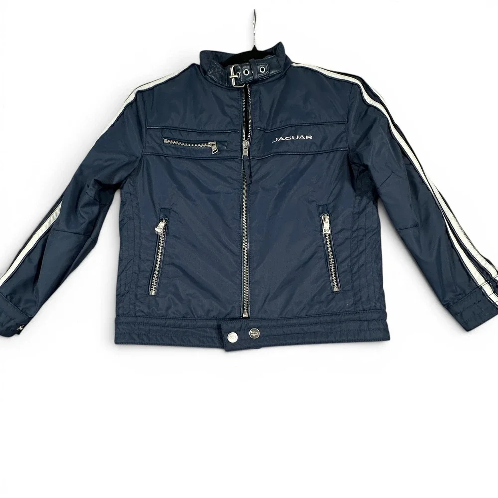 Jaguar Moto Jacket Kids Size 5/6 Navy Blue Racing Stripe Buckle Neck Cafe Racer
